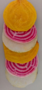 Golden Beetroot, Candy Striped Beetroot and Kohlrabii sliced ready for baking into chips
